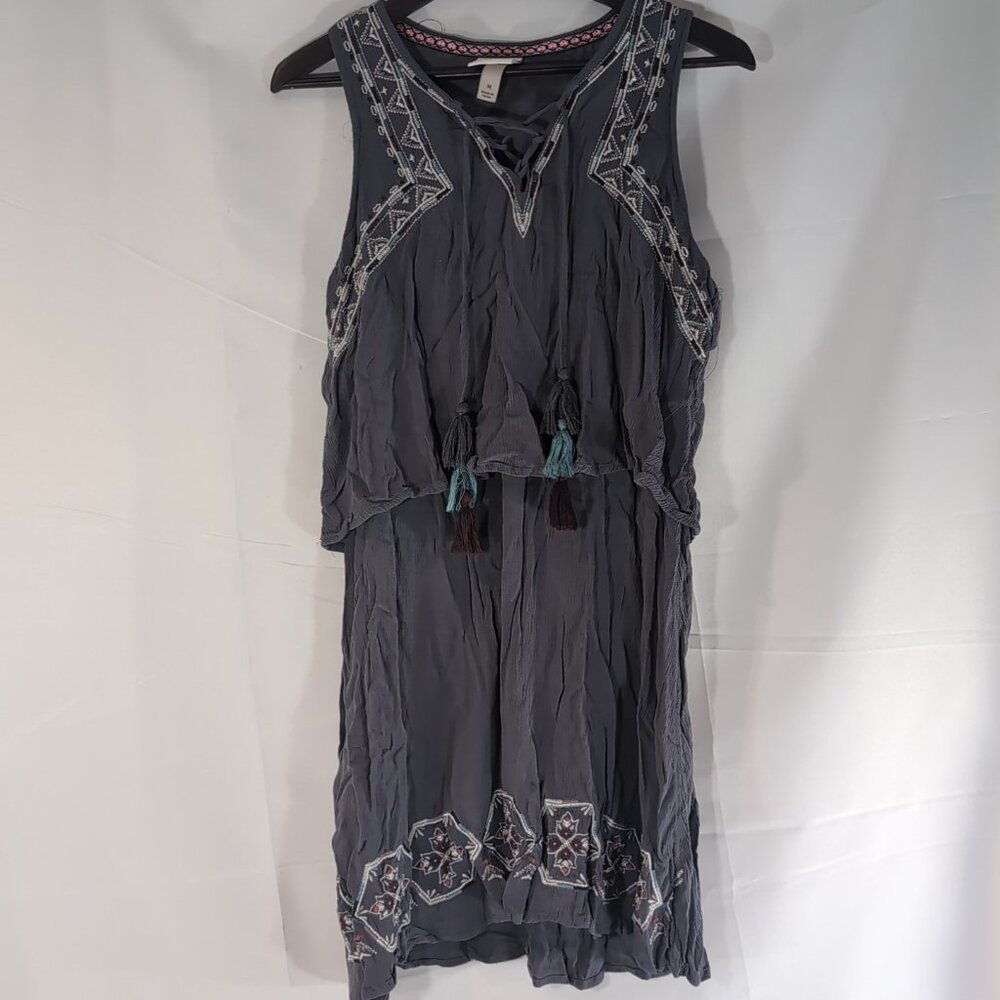 Knox Rose M Medium Gray Embroidered Sleeveless Dress Aztec Boho Tie V-Neck Tank